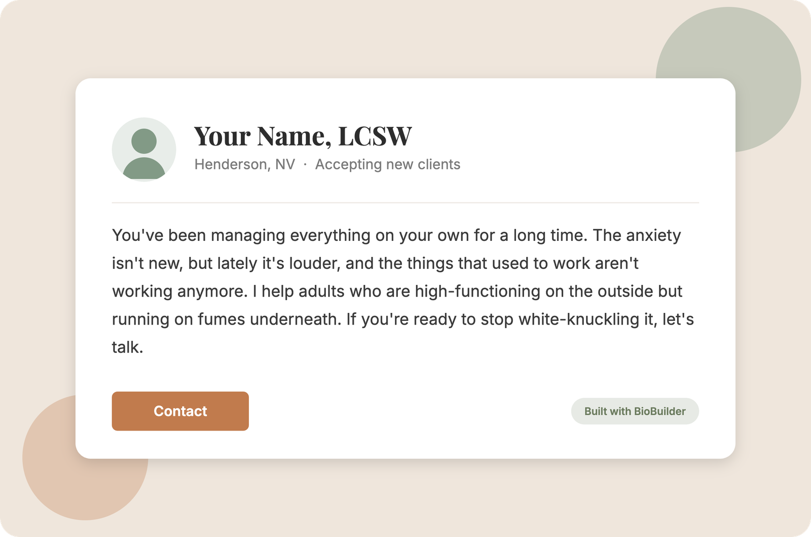 Example therapist profile card showing a BioBuilder-written bio